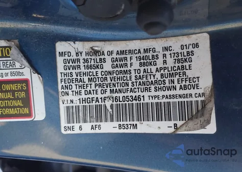 2006 Honda Civic Lx z USA, uszkodzony, nr VIN 1HGFA16516L053461